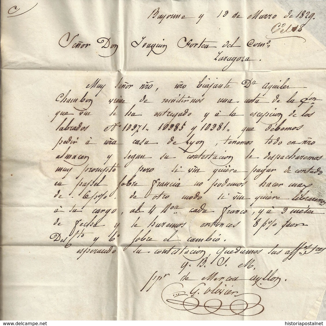 1829. BAYONA A ZARAGOZA. MARCA "P.64.P./BAYONNE" NEGRO. 4R REALES NEGRO. 9 DÉCIMAS SATISFECHAS Y FECHADOR LLEGADA. - 1801-1848: Precursores XIX