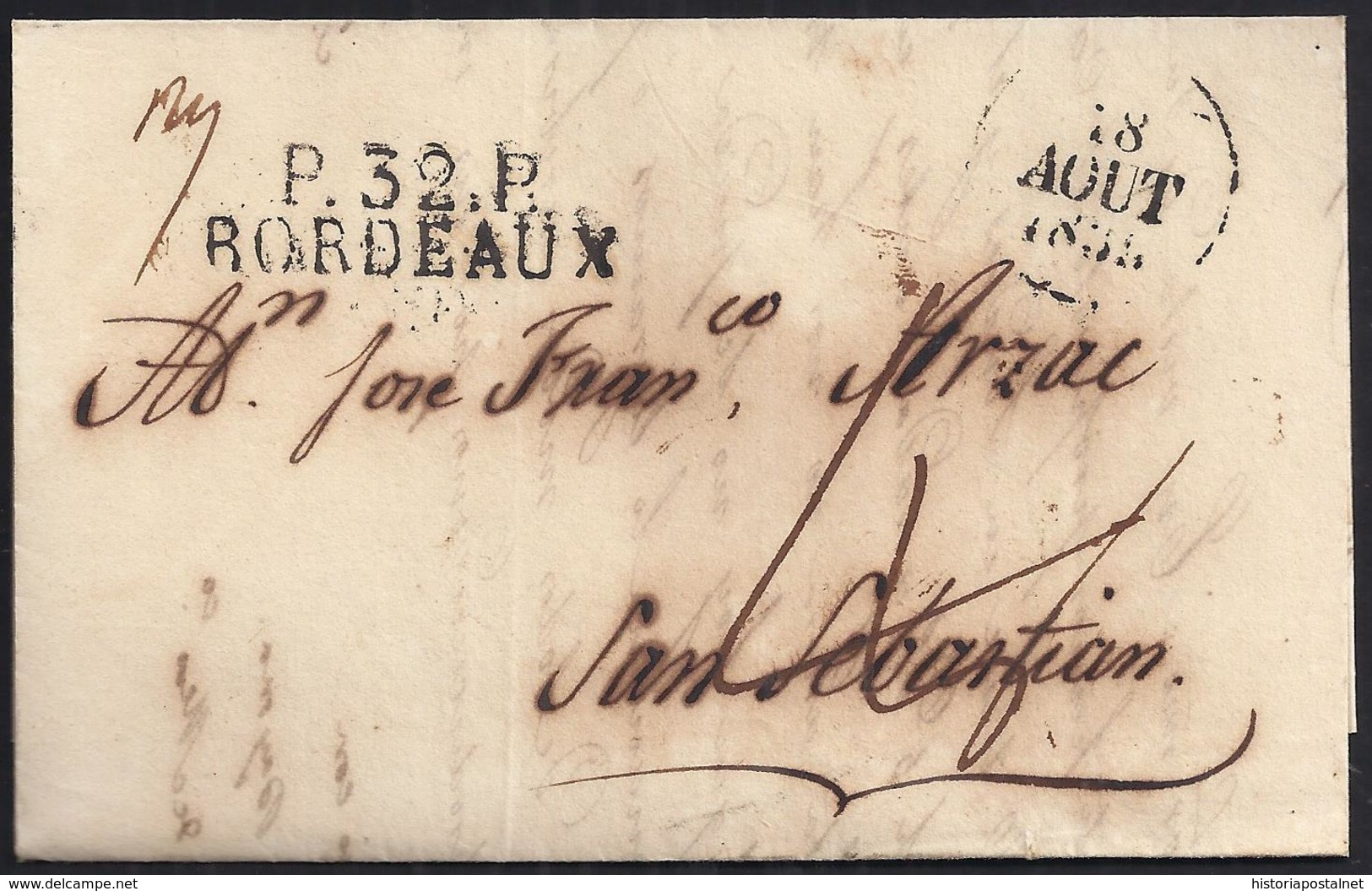 1830. BURDEOS A SAN SEBASTIÁN. MARCA "P.32.P./BORDEAUX" Y FECHADOR NEGRO. PORTEO MNS. 4 REALES. 5 DÉCIMAS SATISFECHAS. - 1801-1848: Precursores XIX