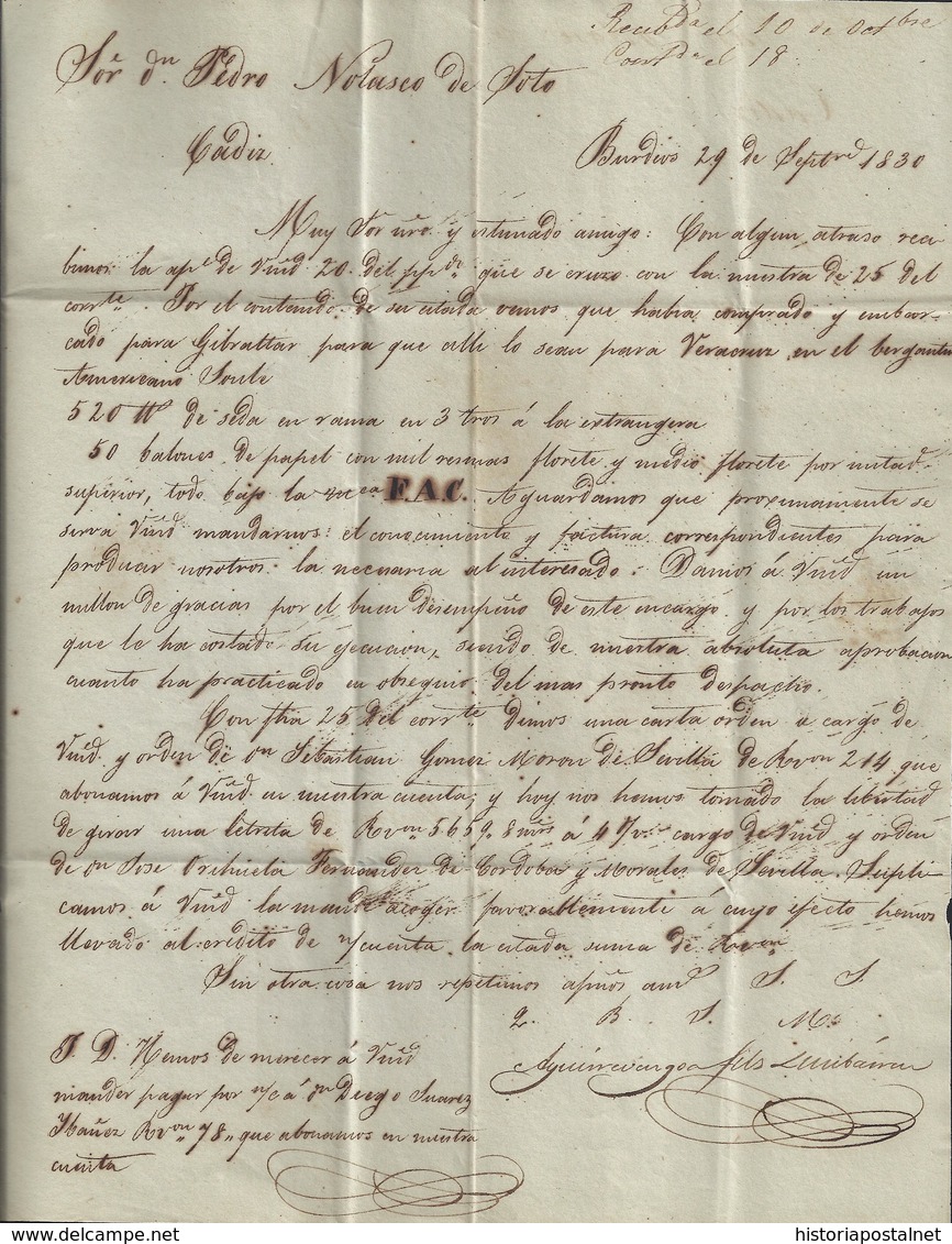 1830. BURDEOS A CÁDIZ. MARCA "P.32.P./BORDEAUX" NEGRO Y FECHADOR. 6R REALES ROJO. 5 DÉCIMAS SATISFECHAS. INTERESANTE. - 1801-1848: Precursores XIX