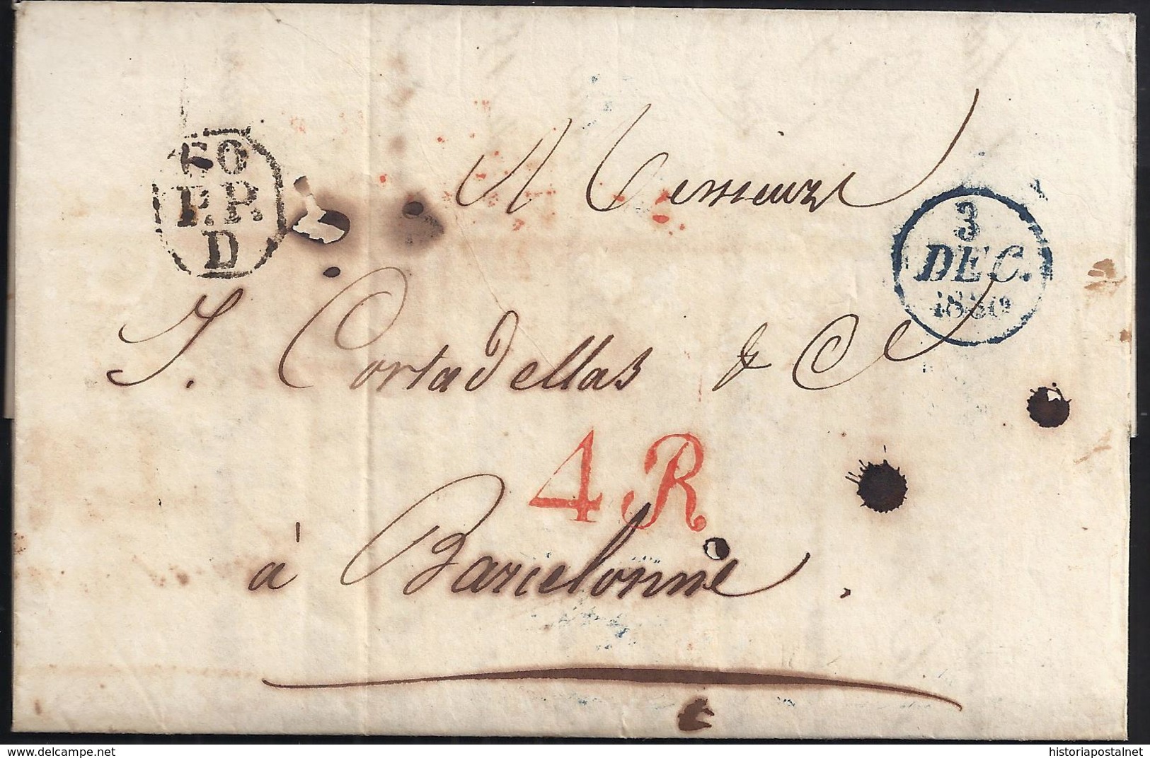 1830. PARÍS A BARCELONA. PORTES PAGADO EN NEGRO Y AZUL. 4R REALES ROJO. 10 DÉCIMAS SATISFECHAS. CARTA DESINFECTADA. - 1801-1848: Precursores XIX