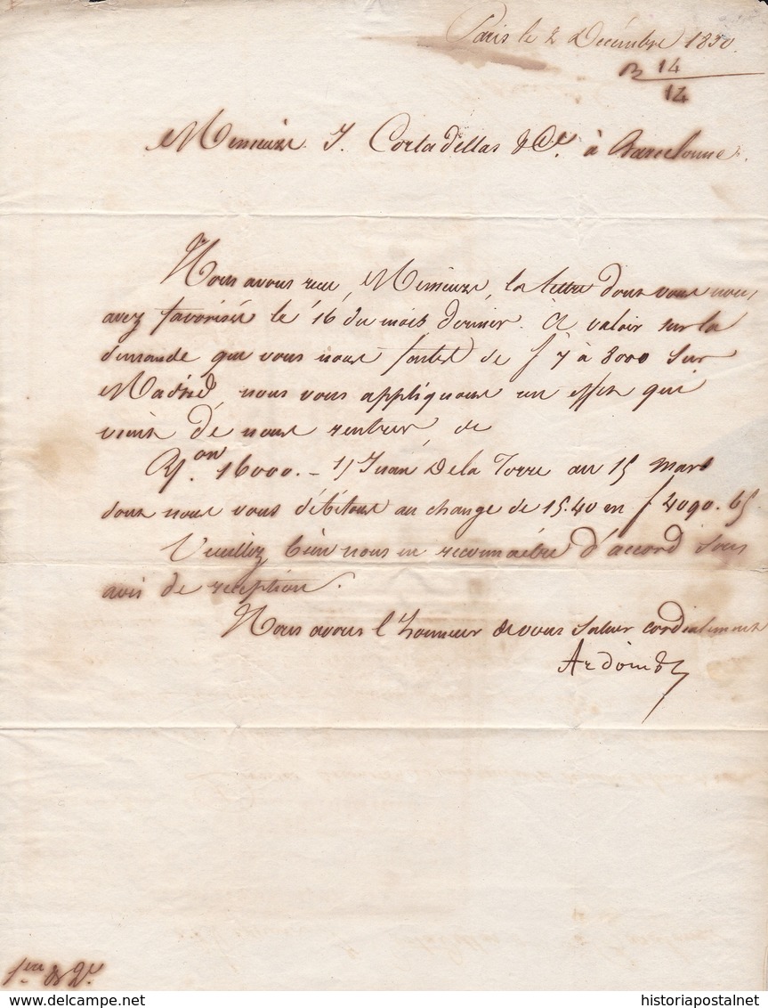 1830. PARÍS A BARCELONA. PORTES PAGADO EN NEGRO Y AZUL. 4R REALES ROJO. 10 DÉCIMAS SATISFECHAS. CARTA DESINFECTADA. - 1801-1848: Precursores XIX