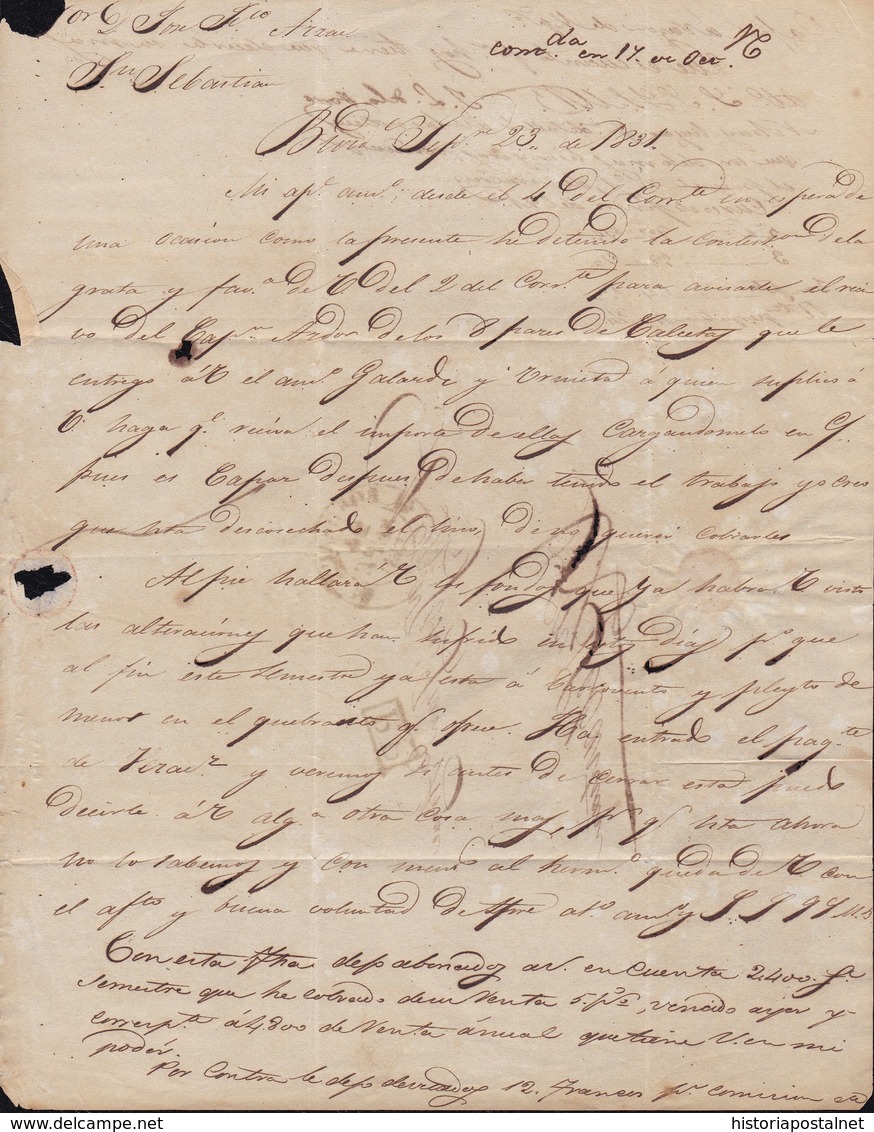 1831. BURDEOS A SAN SEBASTIÁN. FECHADOR TIPO FLORÓN Y "P.P." RECUADRADO. 4 REALES. 5 DÉCIMAS SATISFECHAS. DESINFECTADA. - 1801-1848: Precursores XIX