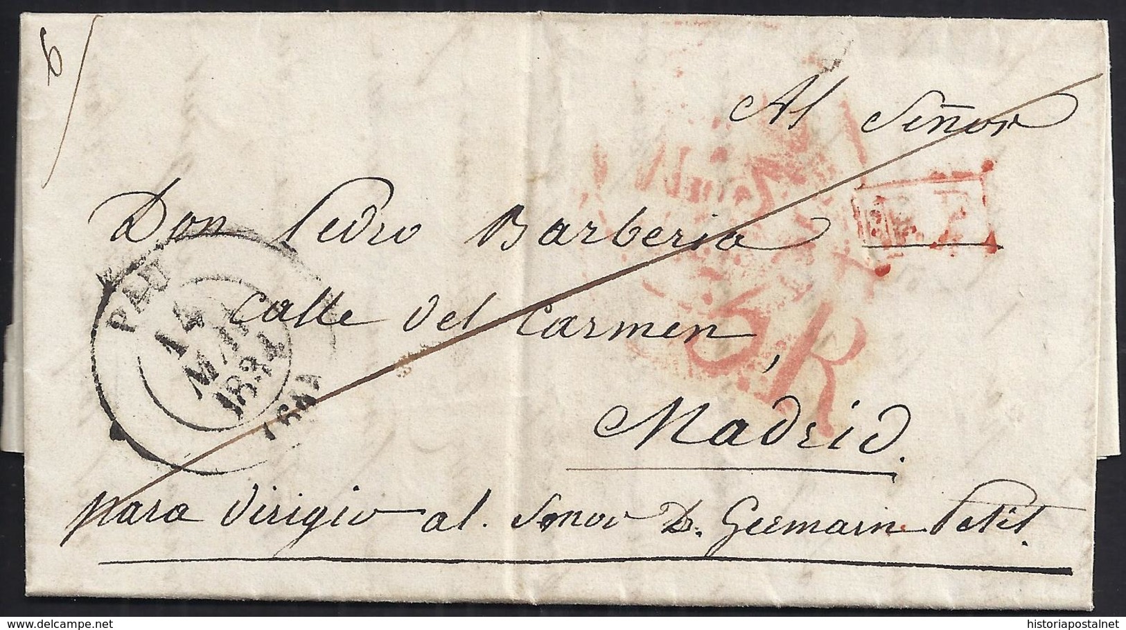 1834. ROUEN A MADRID. FECHADOR TIPO FLORÓN Y "P.P." RECUADRADO. 5R REALES Y TRAZO FRANQUEO. 19 DÉCIMAS SATISFECHAS. - 1801-1848: Precursores XIX