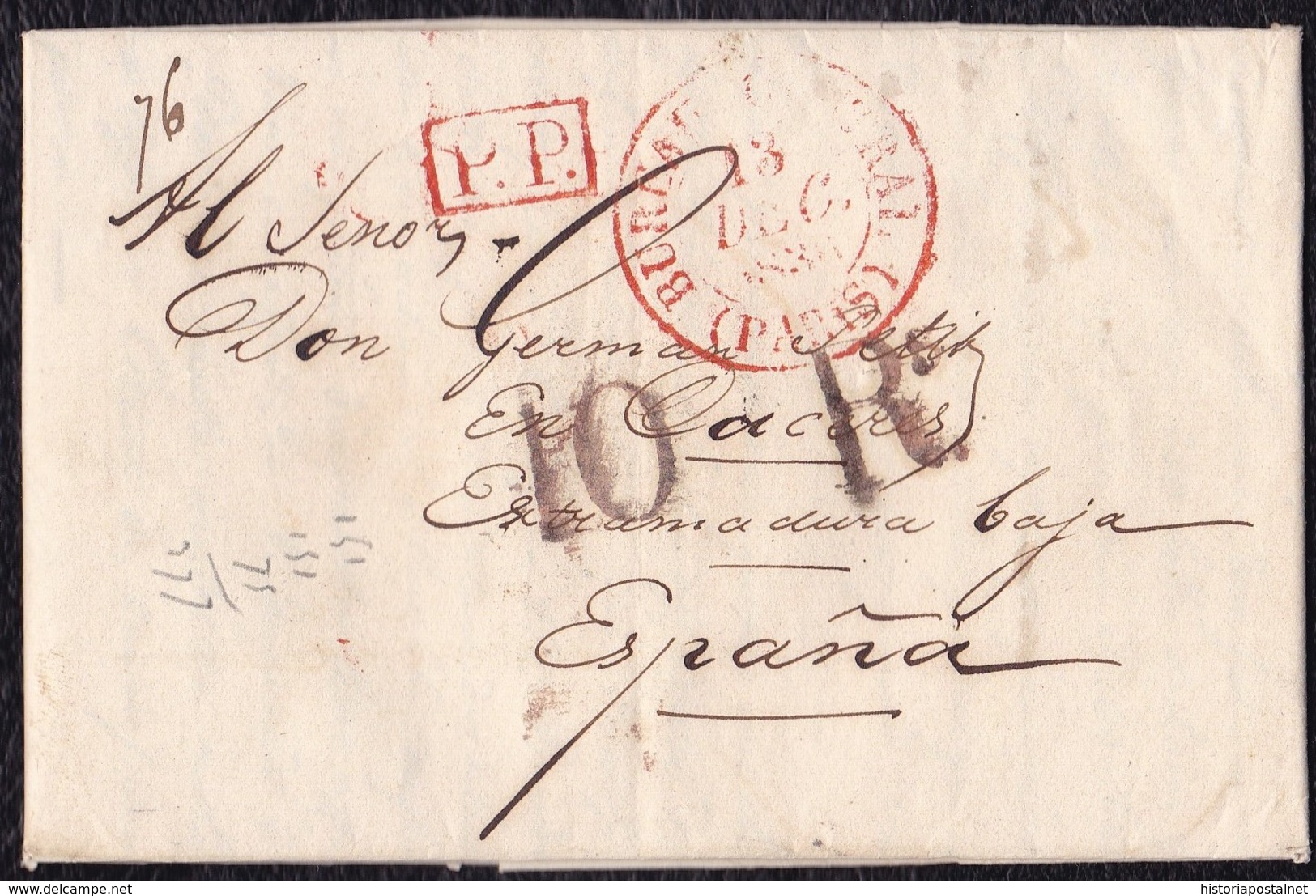 1836. PARÍS A CÁCERES. FECHADOR "BUREAU CENTRAL/PARIS" Y "P.P" RECUADRADO. 10Rs REALES ROJO. 24 DÉCIMAS SATISFECHAS. - 1801-1848: Precursores XIX