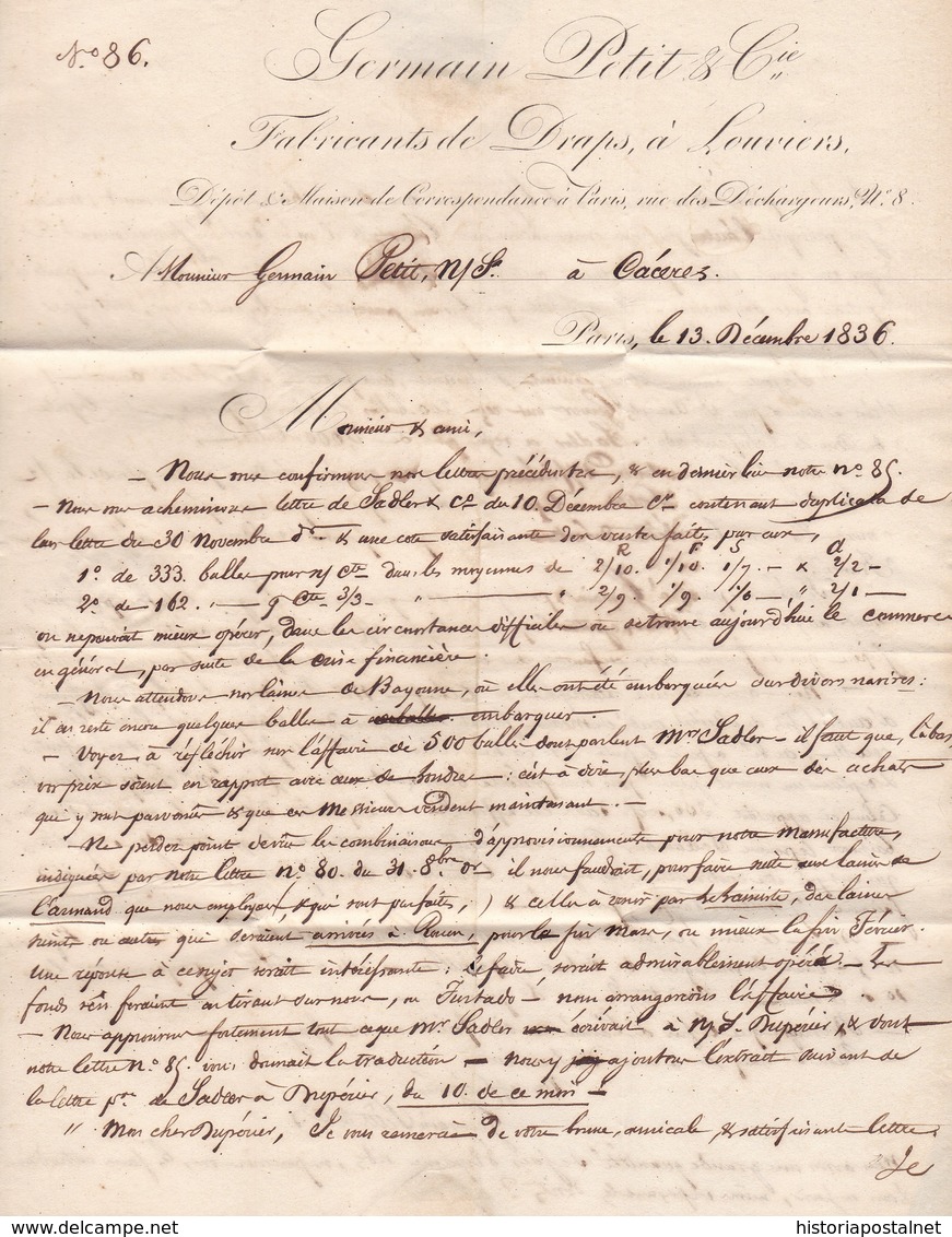 1836. PARÍS A CÁCERES. FECHADOR "BUREAU CENTRAL/PARIS" Y "P.P" RECUADRADO. 10Rs REALES ROJO. 24 DÉCIMAS SATISFECHAS. - 1801-1848: Precursores XIX