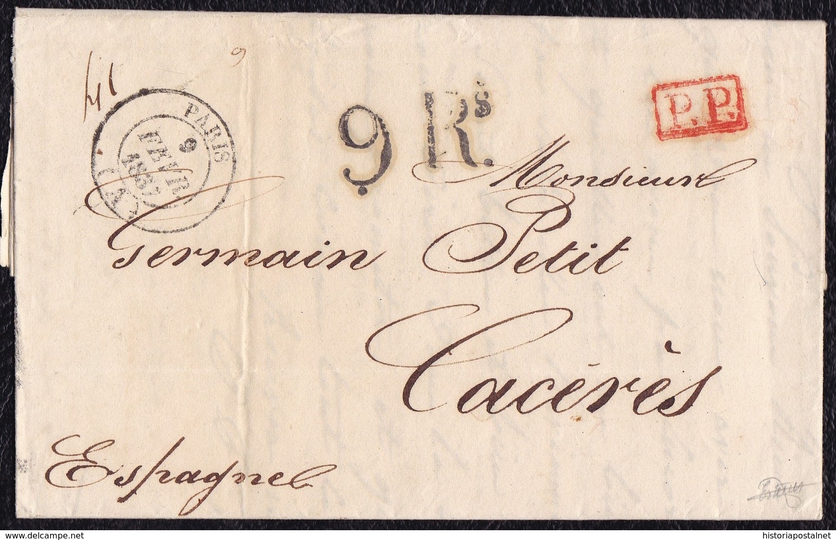 1837. PARÍS A CÁCERES. FECHADOR NEGRO Y "P.P." RECUADRADO EN ROJO. PORTEO 9Rs REALES NEGRO. 24 DÉCIMAS SATISFECHAS. - 1801-1848: Precursores XIX