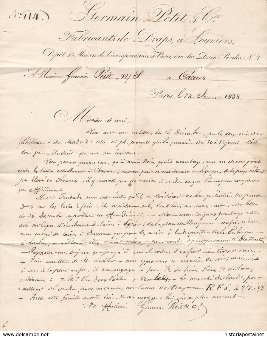 1838. PARÍS A CÁCERES. FECHADOR "BUREAU CENTRAL/PARIS" Y "P.P." RECUADRADO. 10Rs REALES. 24 DÉCIMAS SATISFECHAS. - 1801-1848: Precursores XIX