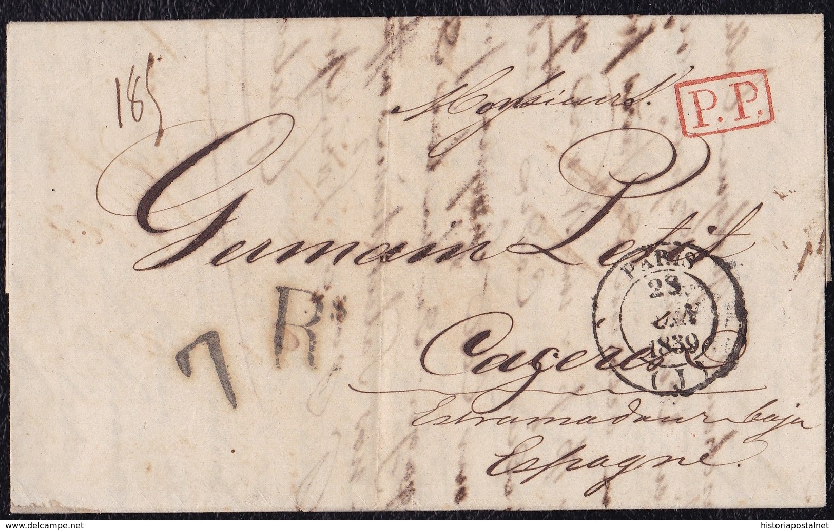 1839. PARÍS A CÁCERES. FECHADOR NEGRO Y "P.P." RECUADRADO ROJO. PORTEO 7Rs REALES NEGRO. 12 DÉCIMAS SATISFECHAS. - 1801-1848: Precursores XIX