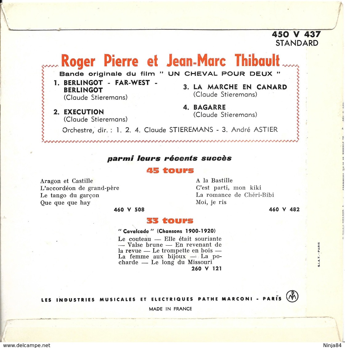 EP 45 RPM (7") B-O-F  André Astier / Roger Pierre / Jean-Marc Thibault  "  1 Cheval Pour 2  " - Filmmusik