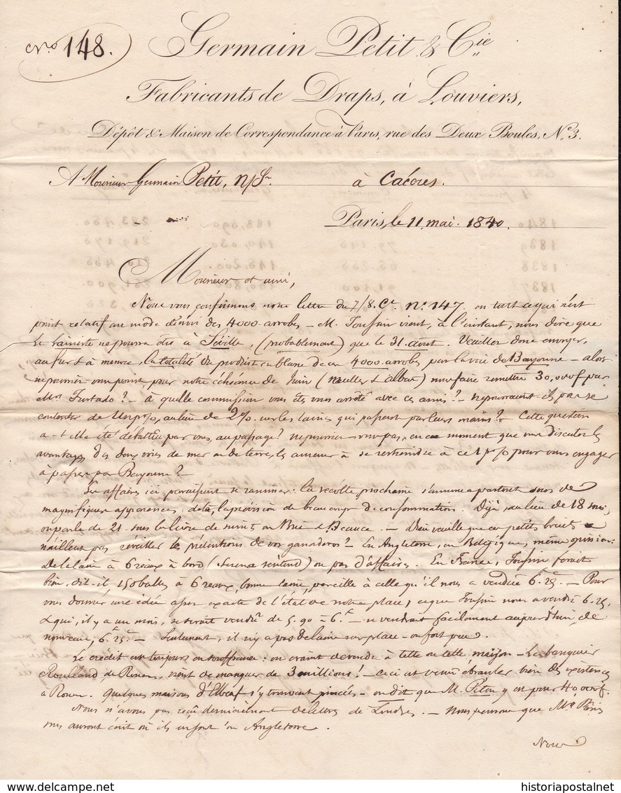 1840. PARÍS A CÁCERES. FECHADOR "BUREAU CENTRAL" Y "P.P." RECUADRADO ROJO. PORTEO 7Rs REALES. 12 DÉCIMAS SATISFECHAS. - 1801-1848: Precursores XIX