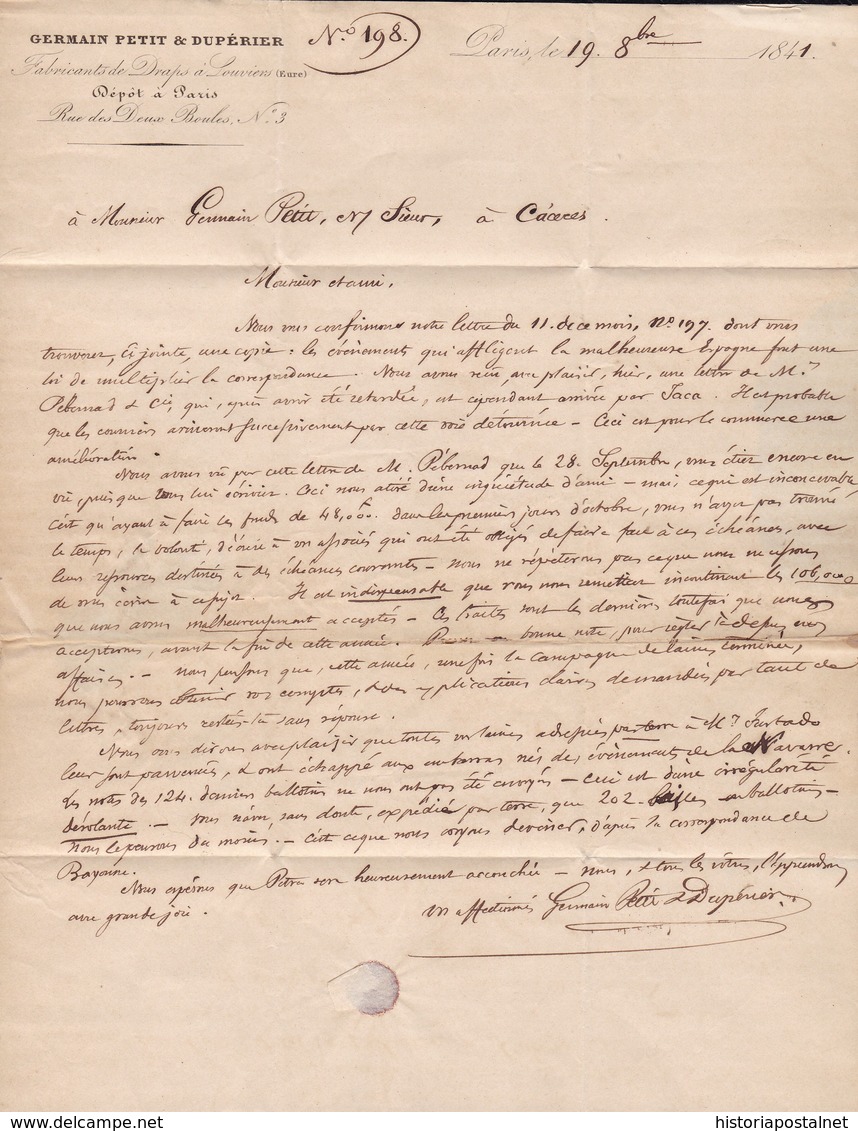 1841. PARÍS A CÁCERES. FECHADOR "BUREAU CENTRAL" Y "P.P." RECUADRADO. 7Rs REALES. 18 DÉCIMAS SATISFECHAS Y TRÁNSITO. - 1801-1848: Precursores XIX