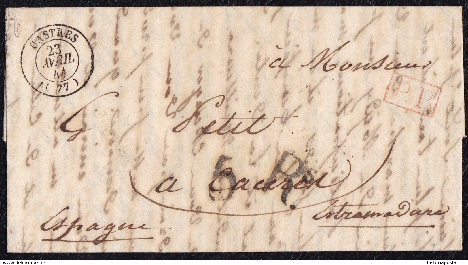 1842. CASTRES A CÁCERES. FECHADOR Y "P.P." RECUADRADO. PORTEO 5Rs REALES. 9 DÉCIMAS SATISFECHAS Y TRÁNSITO POR BAYONA. - 1801-1848: Precursores XIX