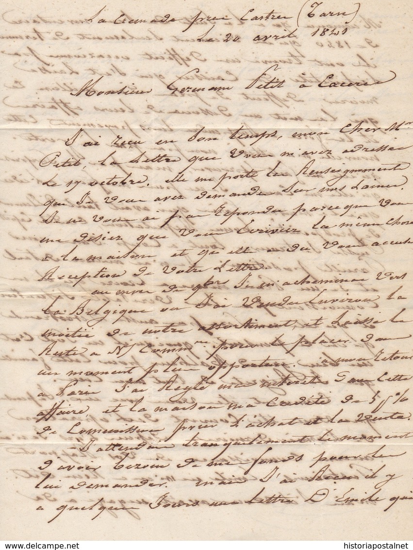 1842. CASTRES A CÁCERES. FECHADOR Y "P.P." RECUADRADO. PORTEO 5Rs REALES. 9 DÉCIMAS SATISFECHAS Y TRÁNSITO POR BAYONA. - 1801-1848: Precursores XIX