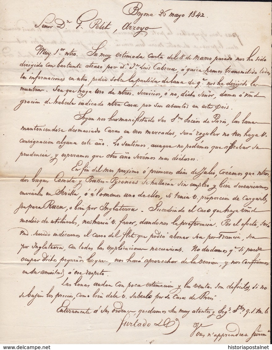 1842. BAYONA A ARROYO DEL PUERCO. FECHADOR Y "P.P." RECUADRADO. ESPECTACULAR PORTEO 5Rs REALES. 4 DÉCIMAS SATISFECHAS. - 1801-1848: Precursores XIX