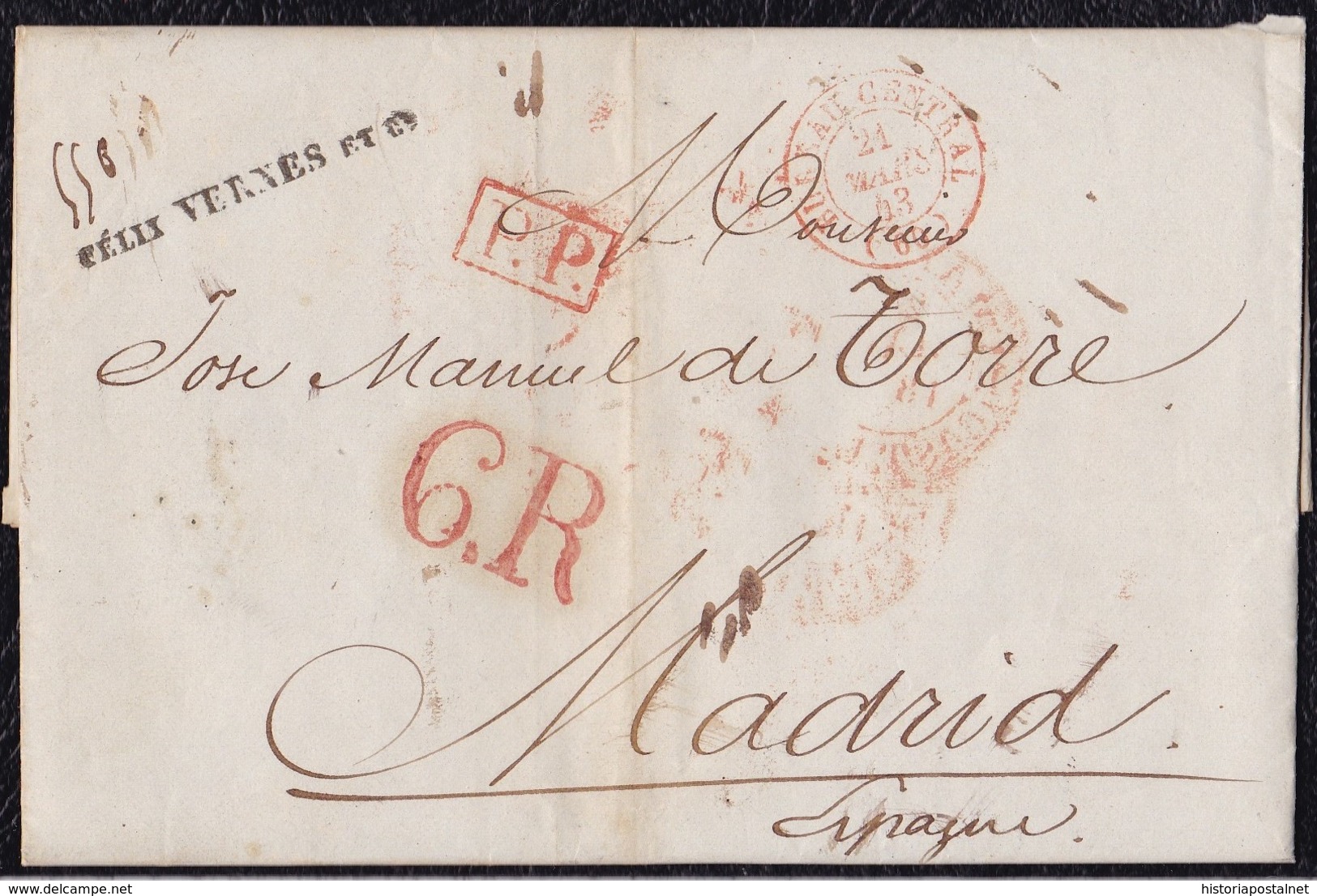 1843. PARÍS A MADRID. FECHADOR "BUREAU CENTRAL" Y "P.P." RECUADRADO. 6R REALES. 18 DÉCIMAS SATISFECHAS Y TRÁNSITO. - 1801-1848: Precursores XIX