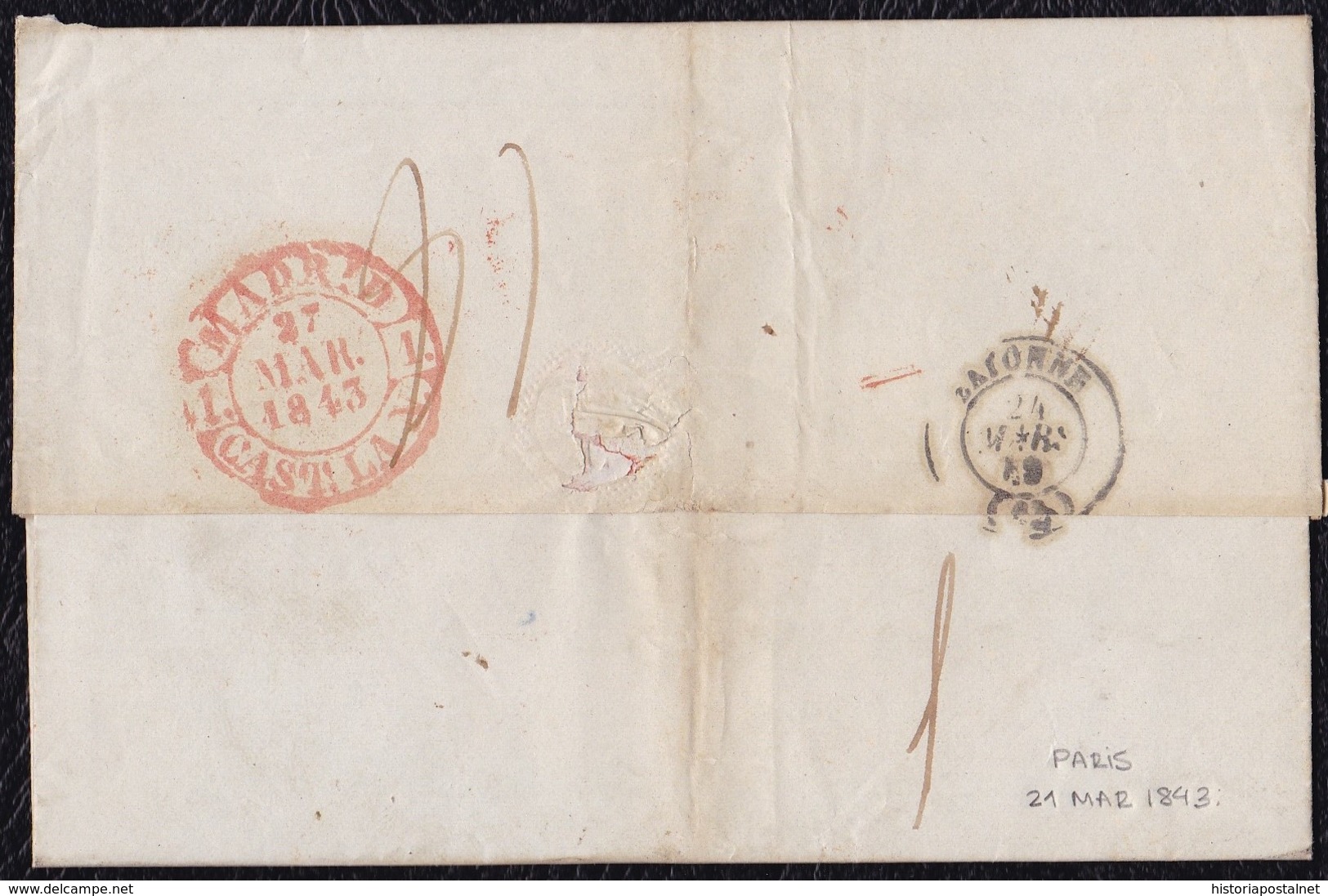 1843. PARÍS A MADRID. FECHADOR "BUREAU CENTRAL" Y "P.P." RECUADRADO. 6R REALES. 18 DÉCIMAS SATISFECHAS Y TRÁNSITO. - 1801-1848: Precursores XIX