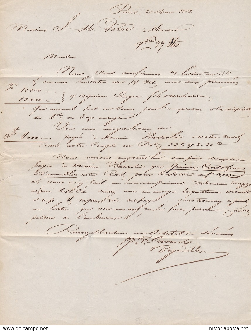 1843. PARÍS A MADRID. FECHADOR "BUREAU CENTRAL" Y "P.P." RECUADRADO. 6R REALES. 18 DÉCIMAS SATISFECHAS Y TRÁNSITO. - 1801-1848: Precursores XIX