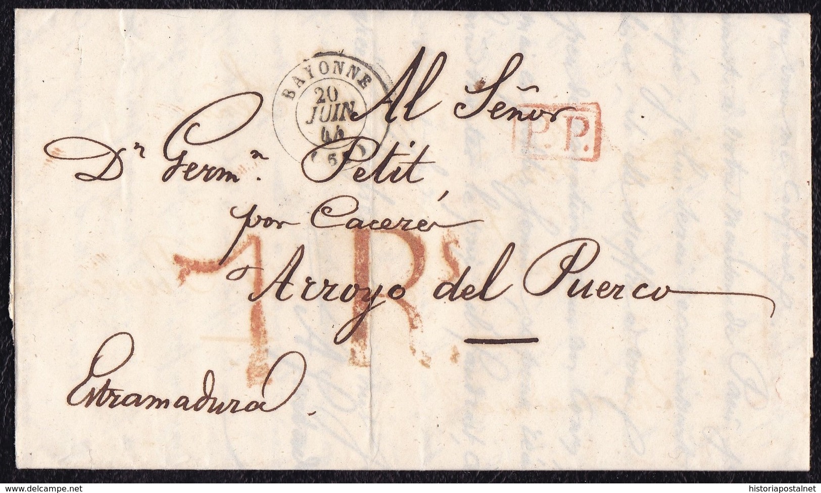 1844. BAYONA A ARROYO DEL PUERCO. FECHADOR NEGRO Y "P.P." RECUADRADO ROJO. PORTEO 7Rs REALES . 6 DÉCIMAS SATISFECHAS. - 1801-1848: Precursores XIX