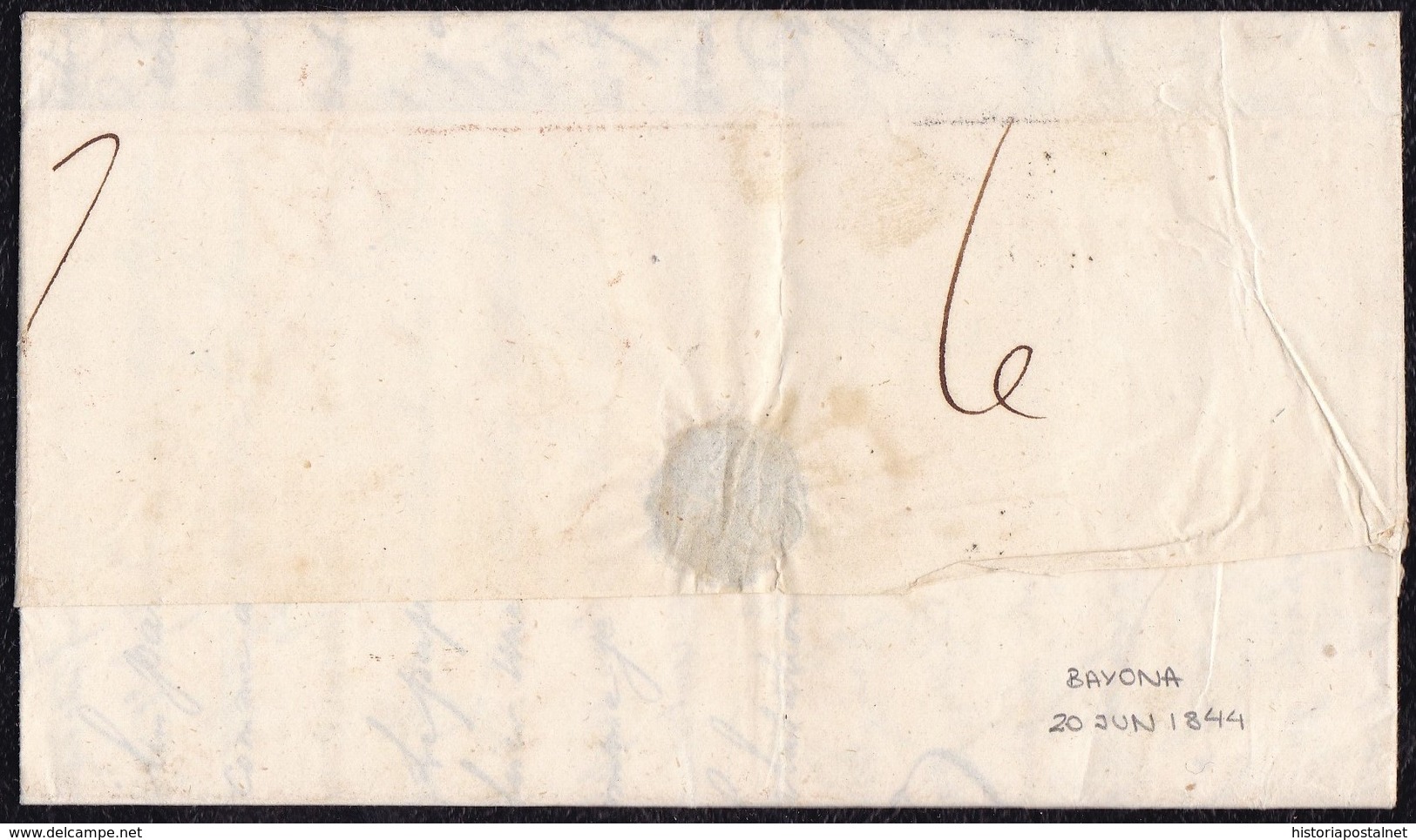 1844. BAYONA A ARROYO DEL PUERCO. FECHADOR NEGRO Y "P.P." RECUADRADO ROJO. PORTEO 7Rs REALES . 6 DÉCIMAS SATISFECHAS. - 1801-1848: Precursores XIX