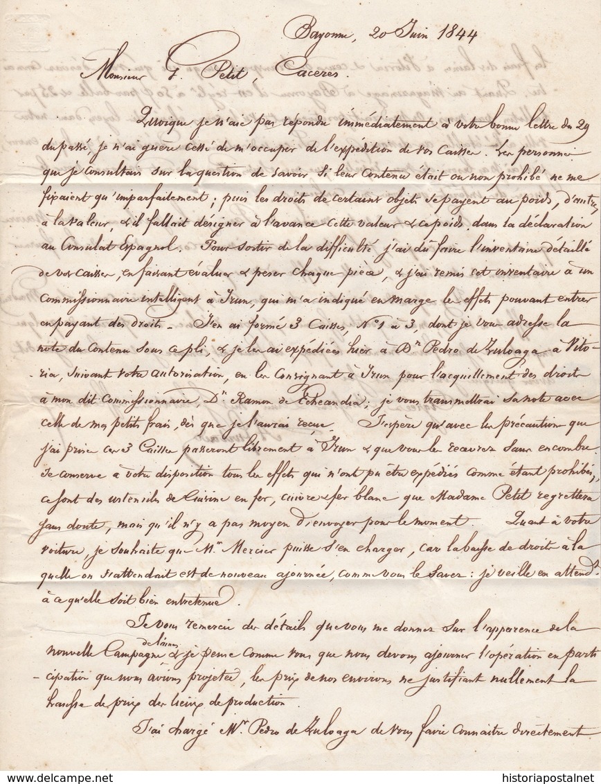 1844. BAYONA A ARROYO DEL PUERCO. FECHADOR NEGRO Y "P.P." RECUADRADO ROJO. PORTEO 7Rs REALES . 6 DÉCIMAS SATISFECHAS. - 1801-1848: Precursores XIX