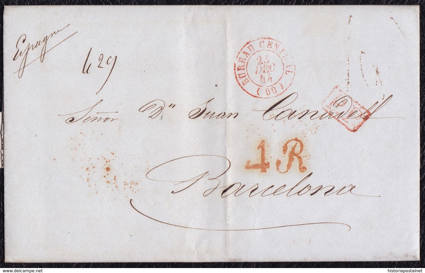 1844. PARÍS A BARCELONA. FECHADOR "BUREAU CENTRAL" Y "P.P." RECUADRADO. 4R REALES. 12 DÉCIMAS Y TRÁNSITO POR PERPIÑÁN. - 1801-1848: Precursores XIX