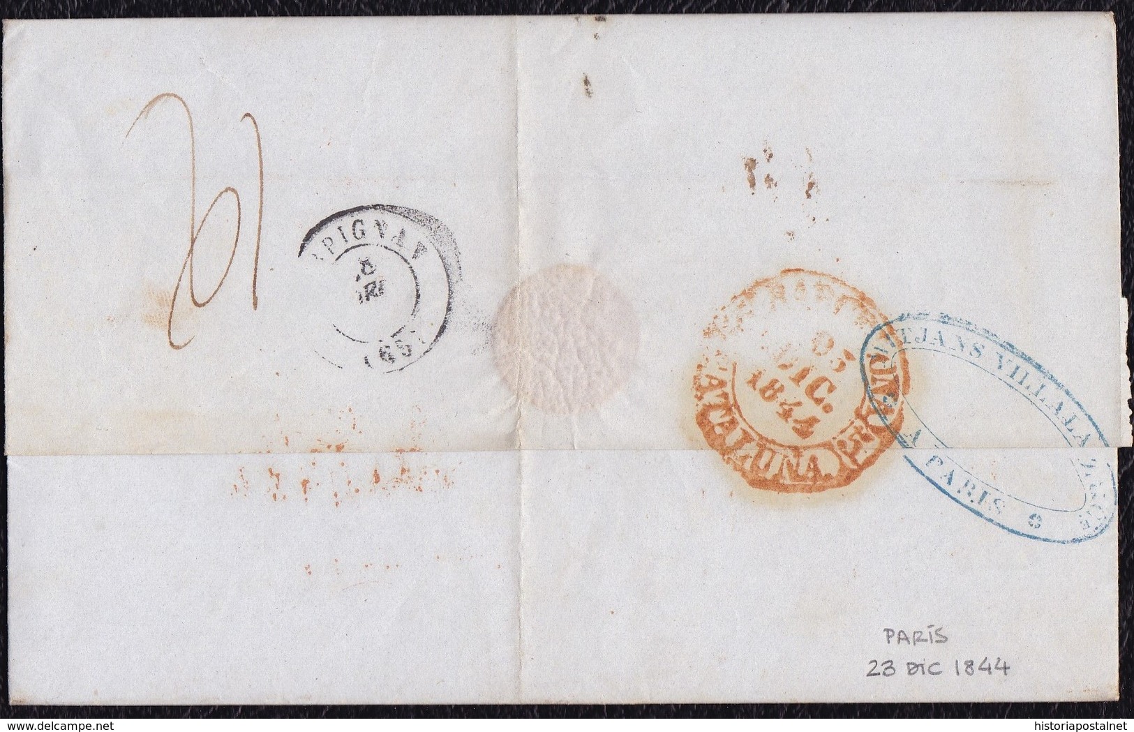 1844. PARÍS A BARCELONA. FECHADOR "BUREAU CENTRAL" Y "P.P." RECUADRADO. 4R REALES. 12 DÉCIMAS Y TRÁNSITO POR PERPIÑÁN. - 1801-1848: Precursores XIX