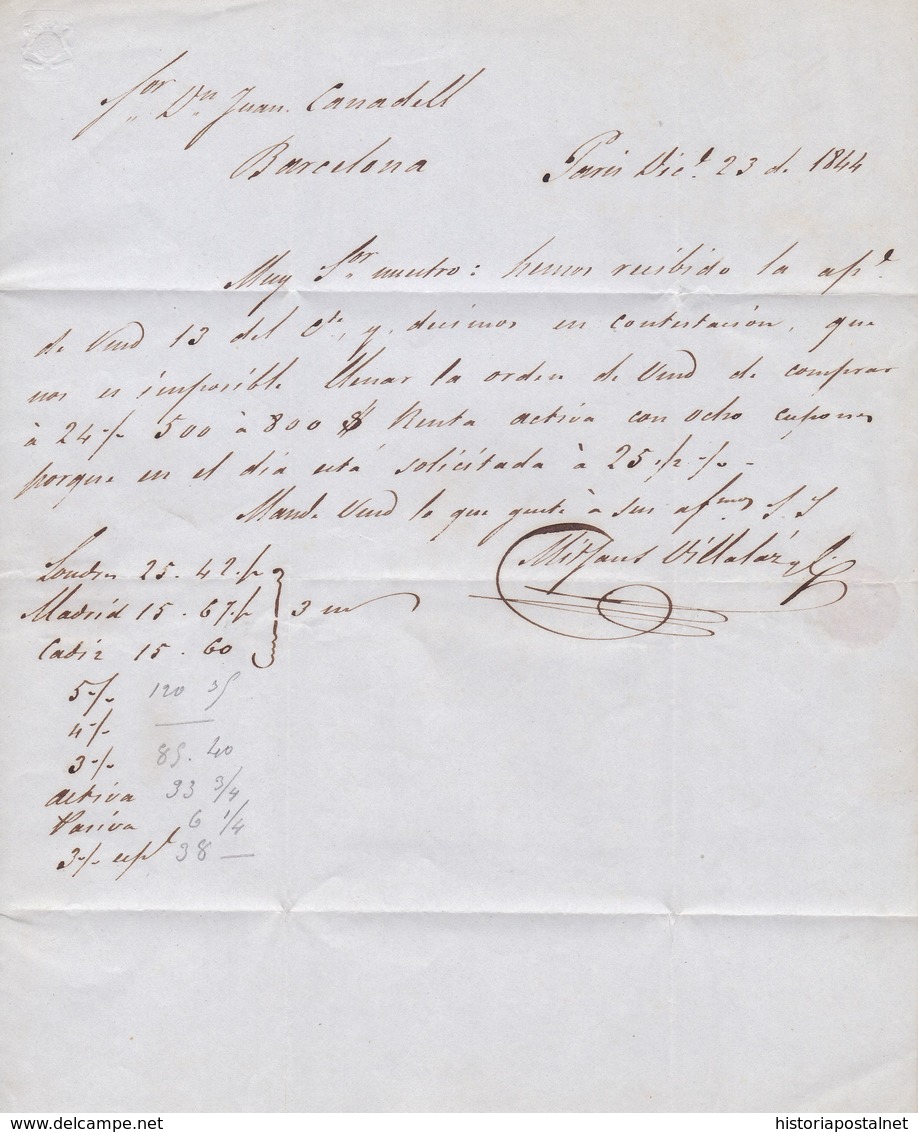 1844. PARÍS A BARCELONA. FECHADOR "BUREAU CENTRAL" Y "P.P." RECUADRADO. 4R REALES. 12 DÉCIMAS Y TRÁNSITO POR PERPIÑÁN. - 1801-1848: Precursores XIX