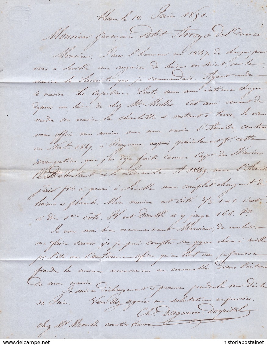 1851. LE HAVRE A ARROYO DEL PUERCO. FECHADOR NEGRO. ESPECTACULAR PORTEO 2Rs REALES ROJO. AL DORSO TRÁNSITO POR PARÍS. - 1849-1876: Periodo Clásico