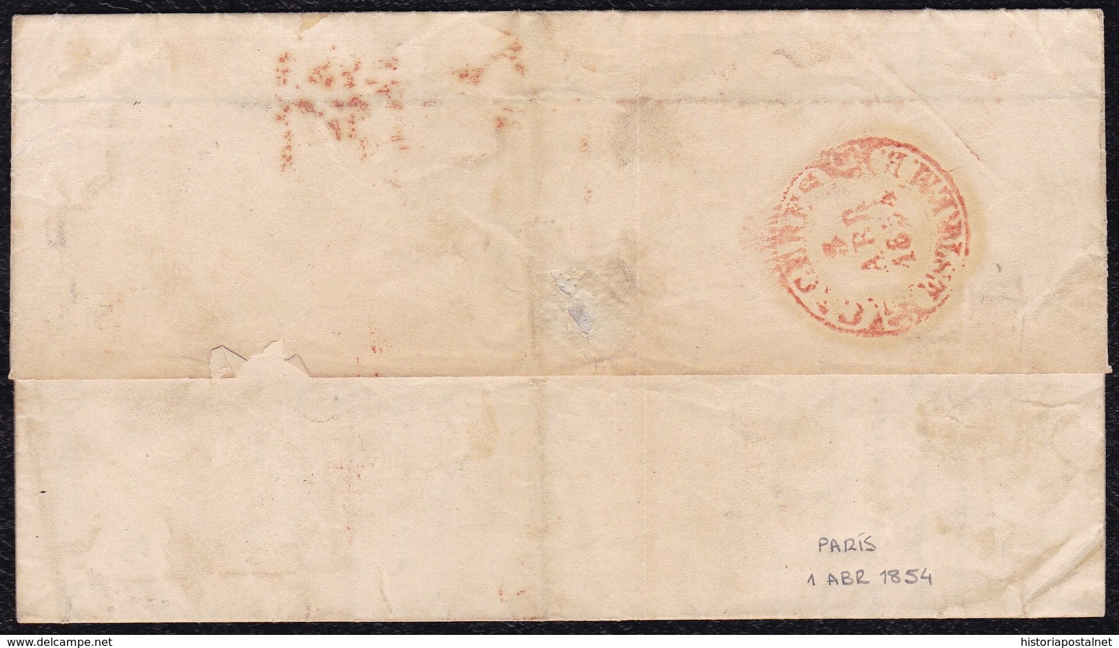 1854. PARÍS A ARROYO DEL PUERCO. FECHADOR EN NEGRO Y PORTEO 2Rs. REALES ROJO. AL DORSO FECHADOR DE LLEGADA. INTERESANTE. - 1849-1876: Periodo Clásico