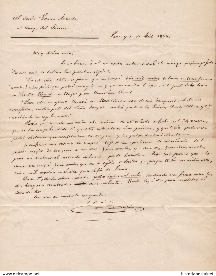 1854. PARÍS A ARROYO DEL PUERCO. FECHADOR EN NEGRO Y PORTEO 2Rs. REALES ROJO. AL DORSO FECHADOR DE LLEGADA. INTERESANTE. - 1849-1876: Periodo Clásico