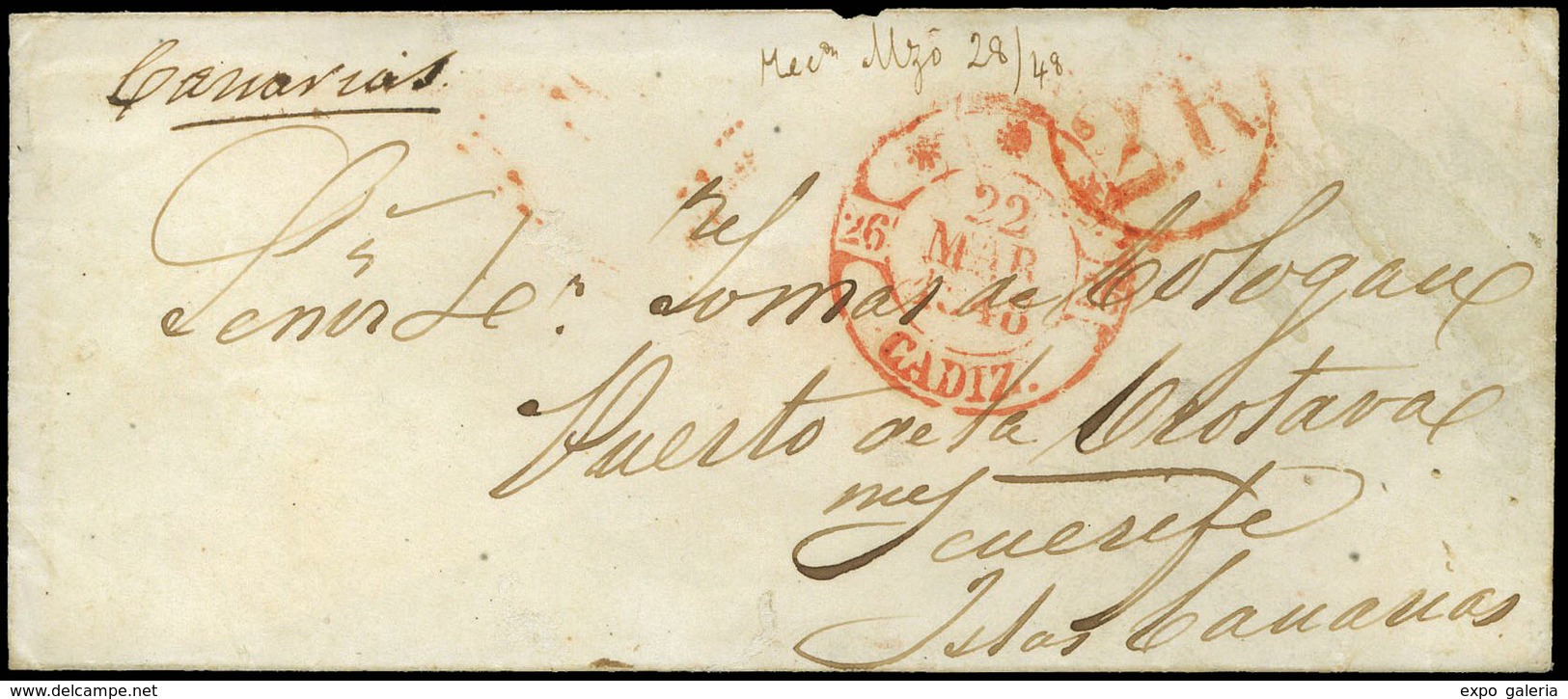 12 1848. (Sobre De Confección Mecánica, Raro En Estas Fechas) Cdo De Cádiz Al Puerto De Orotava - ...-1850 Prephilately