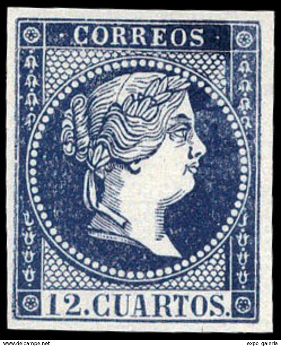 69 Ed. Año 1859 NO EMITIDO. 12 Cuartos Ensayo Color Azul Oscuro (Galvez 212) Lujo. Escaso. - Used Stamps