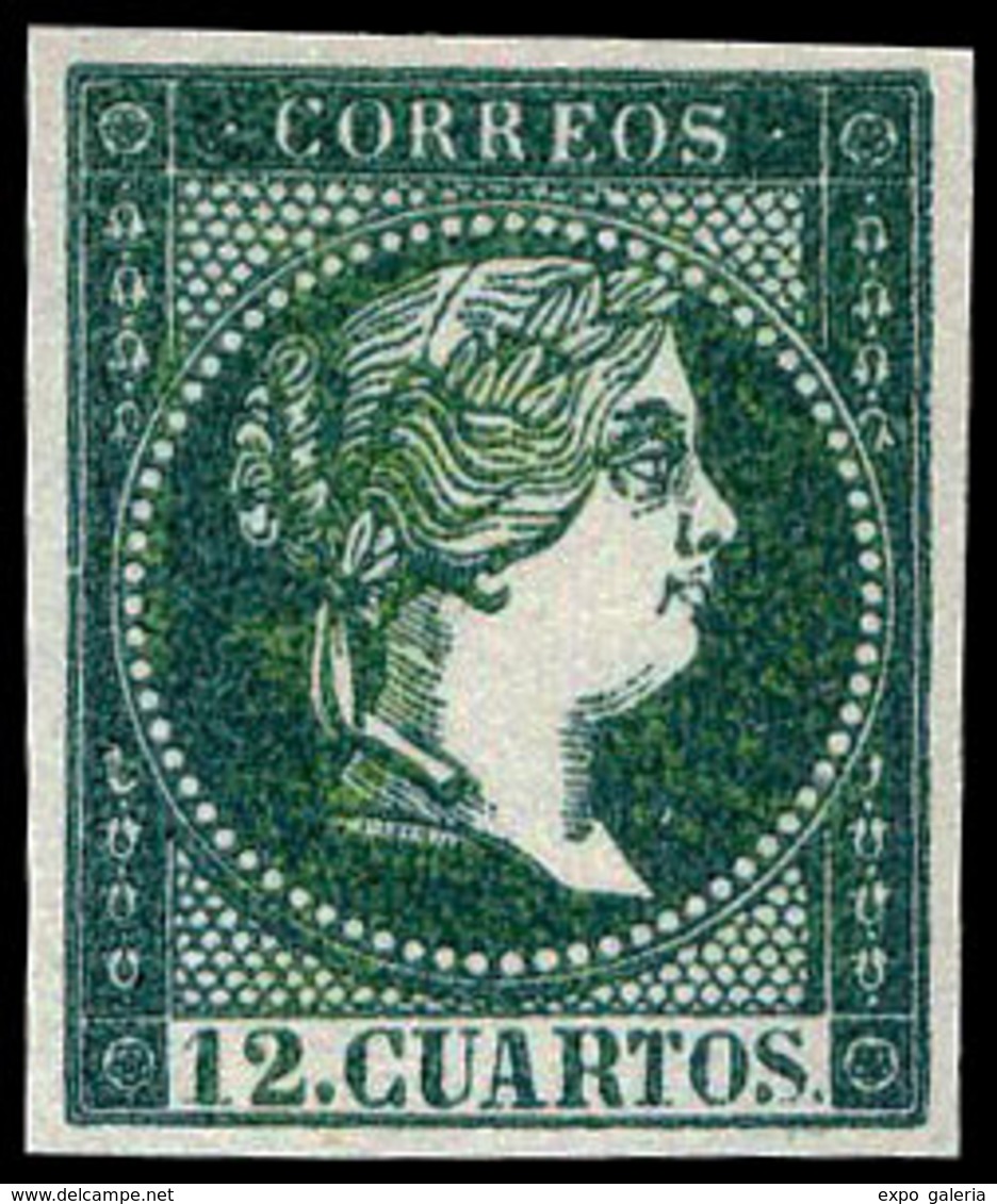 70 Año 1859 NO EMITIDO. 12 Cuartos Ensayo Color Verde Negro (Galvez 214) Lujo. Escaso. - Oblitérés