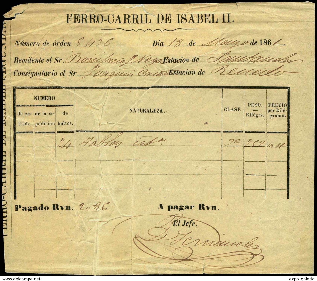 101 RECIBO De Expedición “Ferrocarril De Isabel II 18/Mayo/1861” Interesante - Oblitérés