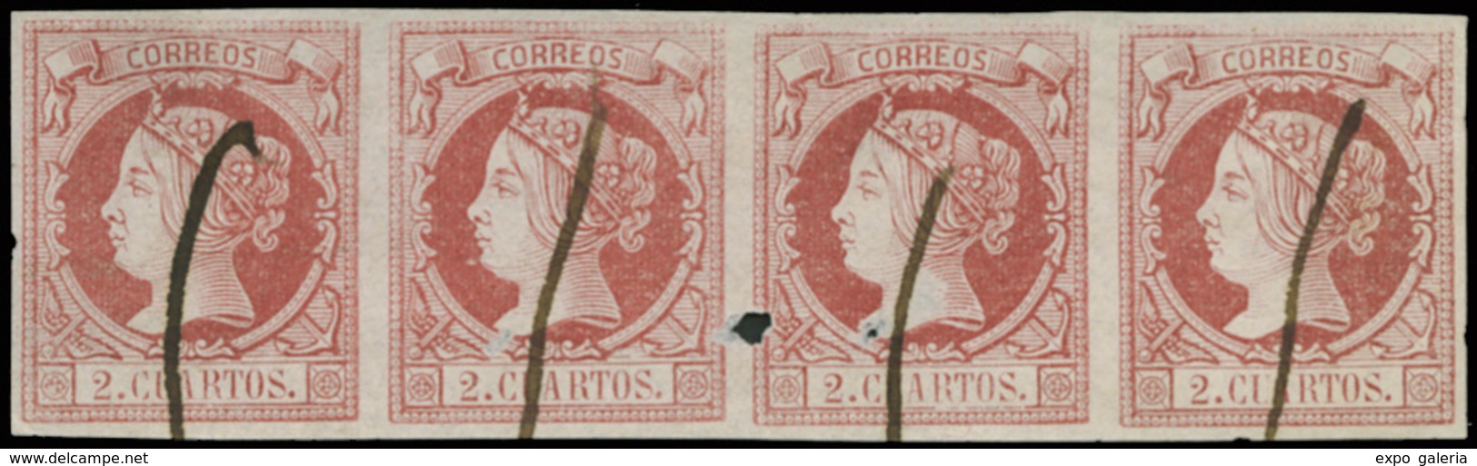 102 ENSAYO Color. 2 Reales Rosa. Usado A Pluma (Galvez 250). Tira De 4. Raro. - Used Stamps