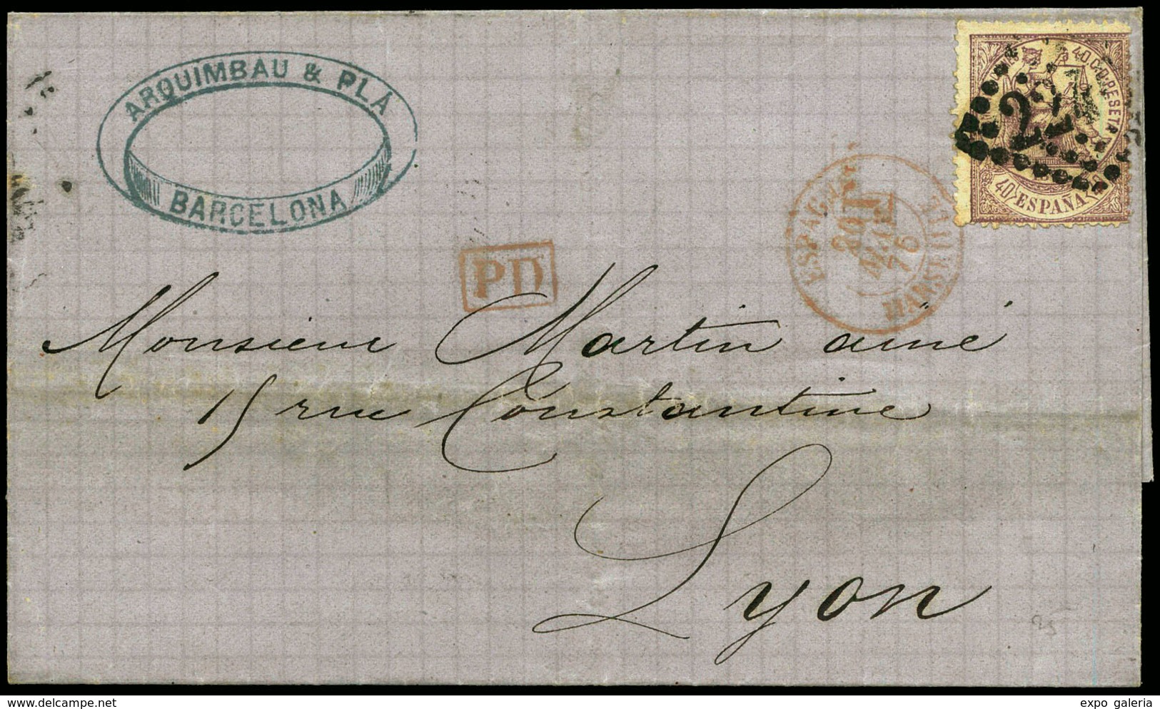 211 Ed. 148 1876. Cda Por Correo Marítimo De Barcelona A Lyon - Unused Stamps