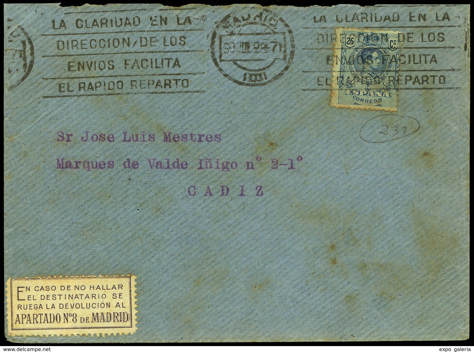 346 Ed. 274 De Madrid A Cádiz. 30/7/23 - Lettres & Documents