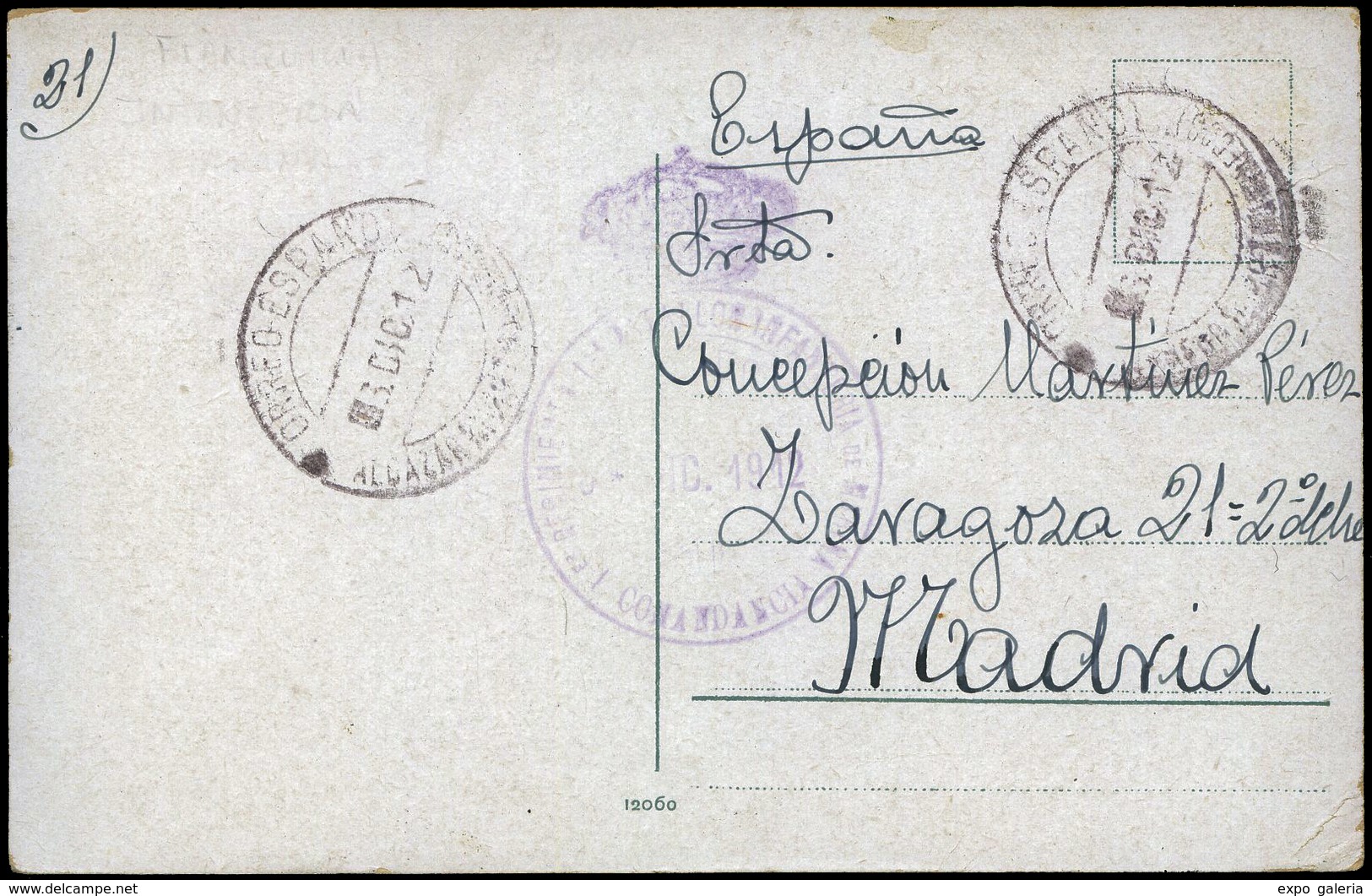 352 TP 1912. Tarjeta Cda De Alcazarquivir A Madrid. Marca Franquicia “Infanteria  Marina”. Escasa. - Covers & Documents