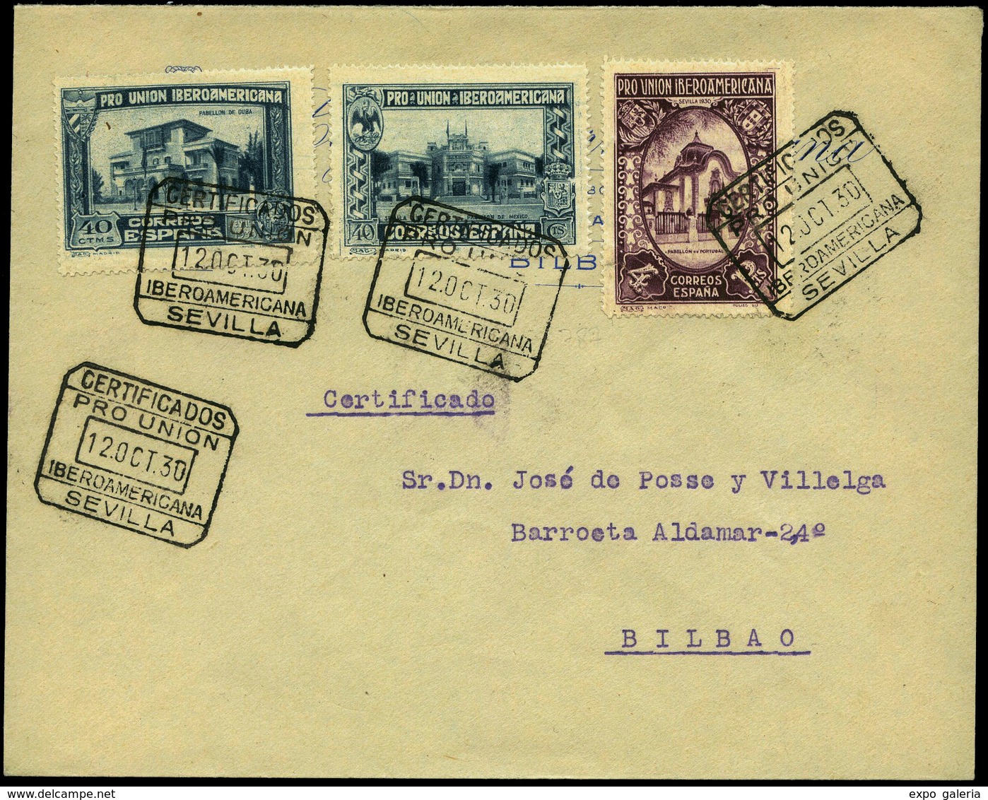 399 Ed. 579+575+576 Carta Filatélica Con Matasello Especial “Certificados-Iberoamerica-Sevilla 12/Oct/30”. Preciosa - Covers & Documents