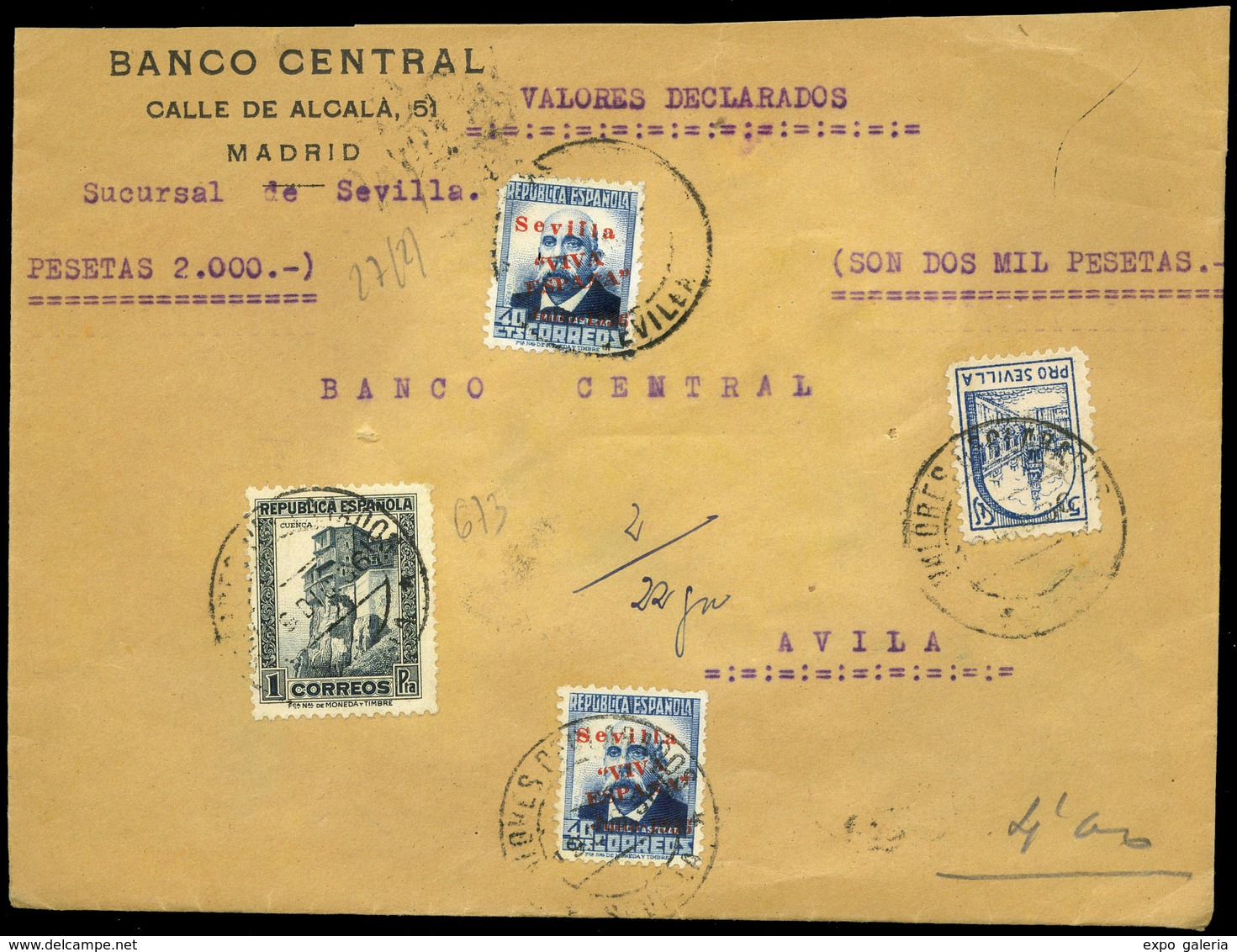 443 Ed. 673+Patriot Sevilla 27(2)+Local - 1936. “Valores Declarados 19/Dic/1936” A Avila, En Reverso 6 Fechadores. - Unused Stamps