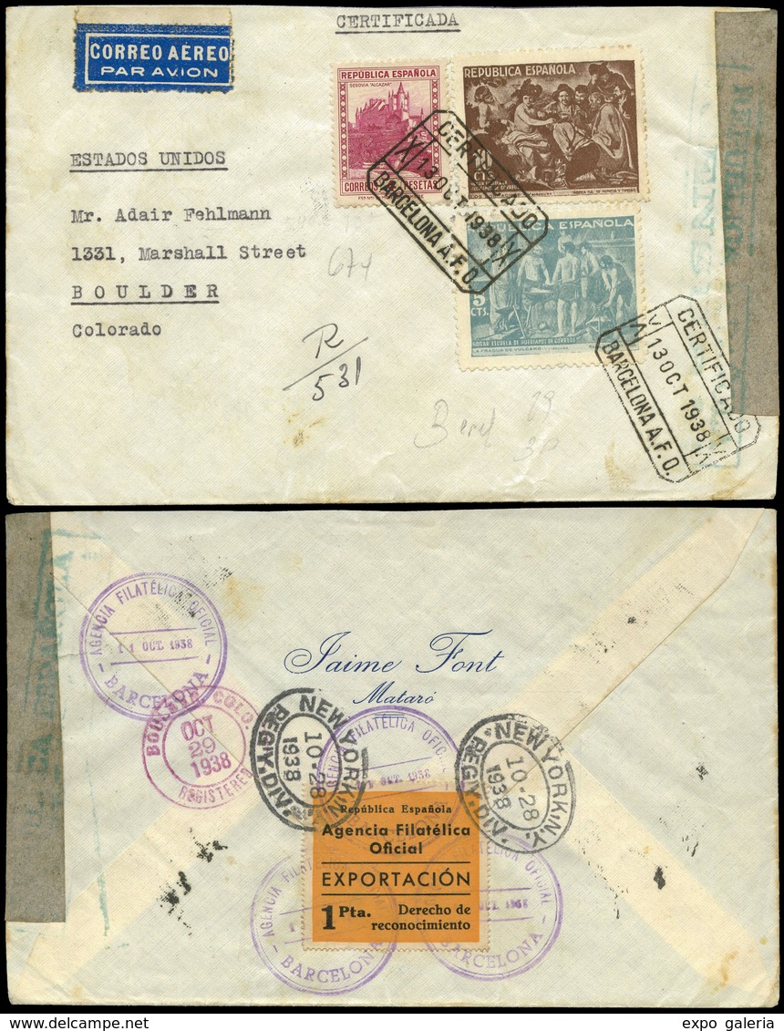 458 Ed. 674+Benef.29-30 - “Certificado 13/Oct/38 Barcelona AFO” Por Avión A USA - Unused Stamps