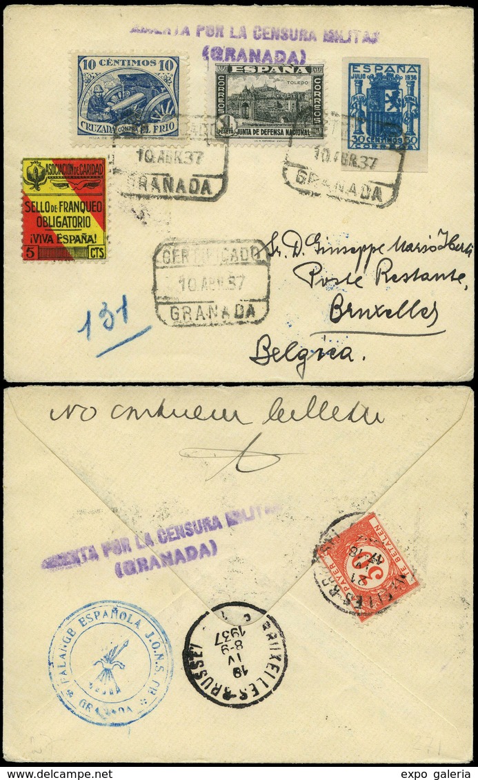 506 1937. Cda Por Correo Certificado De Granada A Bruselas Con No Emitido Emisión Granada 30 Cts. Azul S/Dentar - Unused Stamps