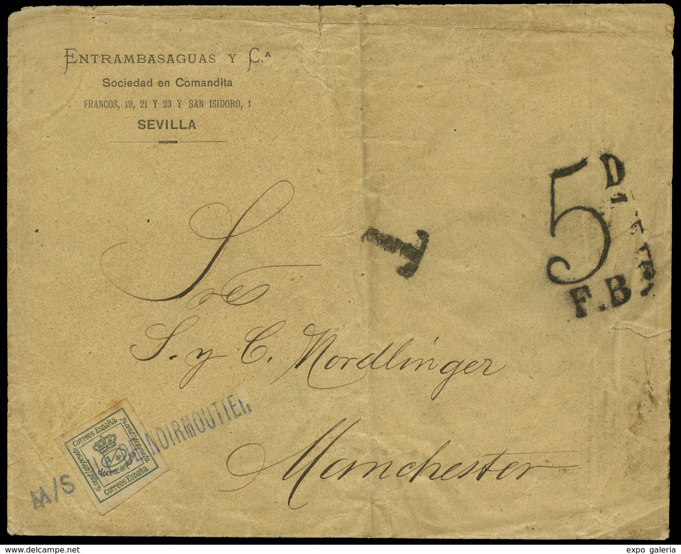 565 Ed. 173 ¼ - Sevilla. Carta Con Membrete “Entrambasaguas. Sevilla” Y Cda Con ¼ Verde A Manchester - Lettres & Documents