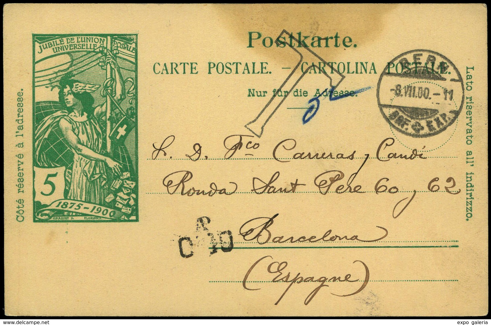 571 T.P. 1900. De Suiza A Barcelona (a Carreras Y Candi) Con “T 5” Y “C 10” Lujo - Lettres & Documents