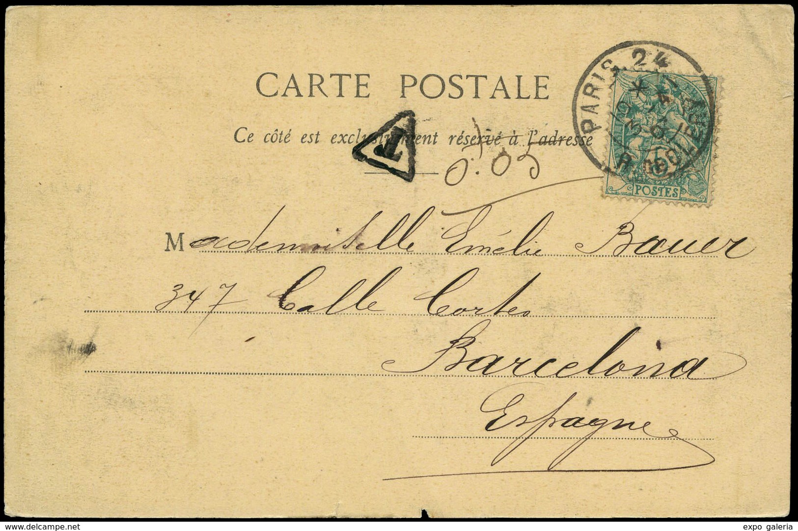 576 T.P. 1903. De Francia A Barcelona Con “T” En Triangulo Y “0,05” - Lettres & Documents