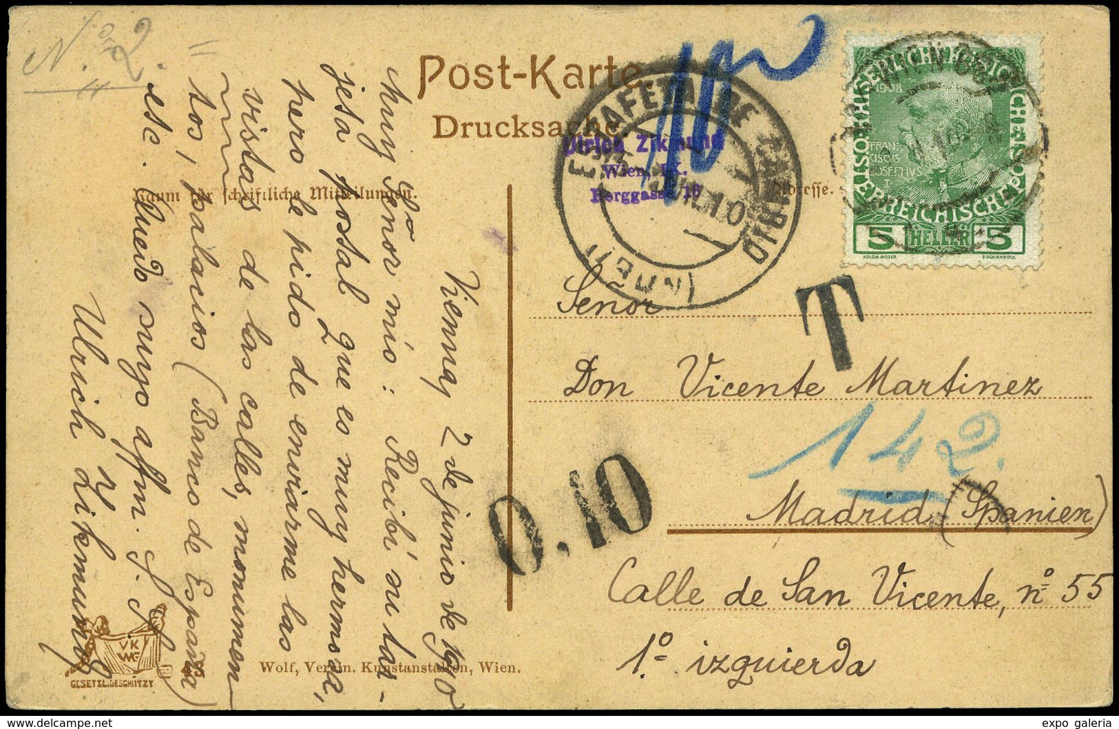 581 T.P. 1910. De Austria A Madrid, Entrada “Irún 10/06/10”. Marca “T” + “0,10” En Tampón Y Manuscrito “10” Lujo - Lettres & Documents