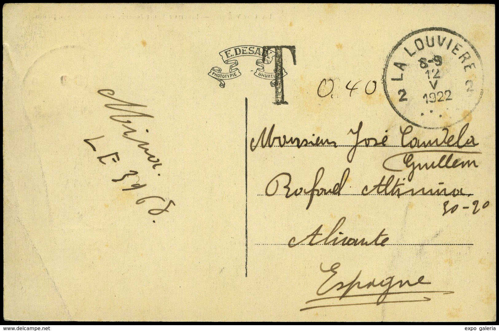 582 T.P. 1922. De Belgica A Alicante Con Tasa “0,40”. Interesante - Lettres & Documents
