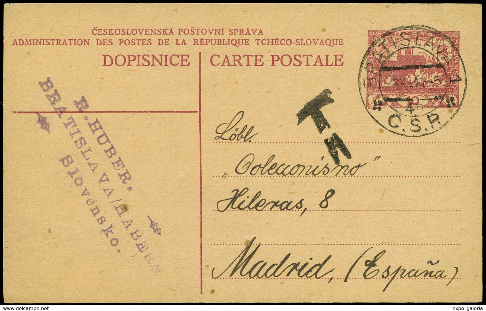 583 T.P. 1919. De Checoslovaquia A Madrid. Marca “T” A La Llegada - Lettres & Documents