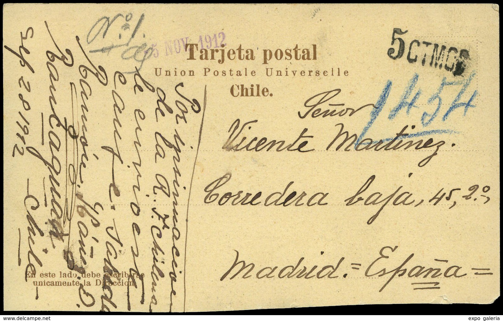 584 T.P. 1912. De Chile A España. Tasa “5 Cts” - Storia Postale