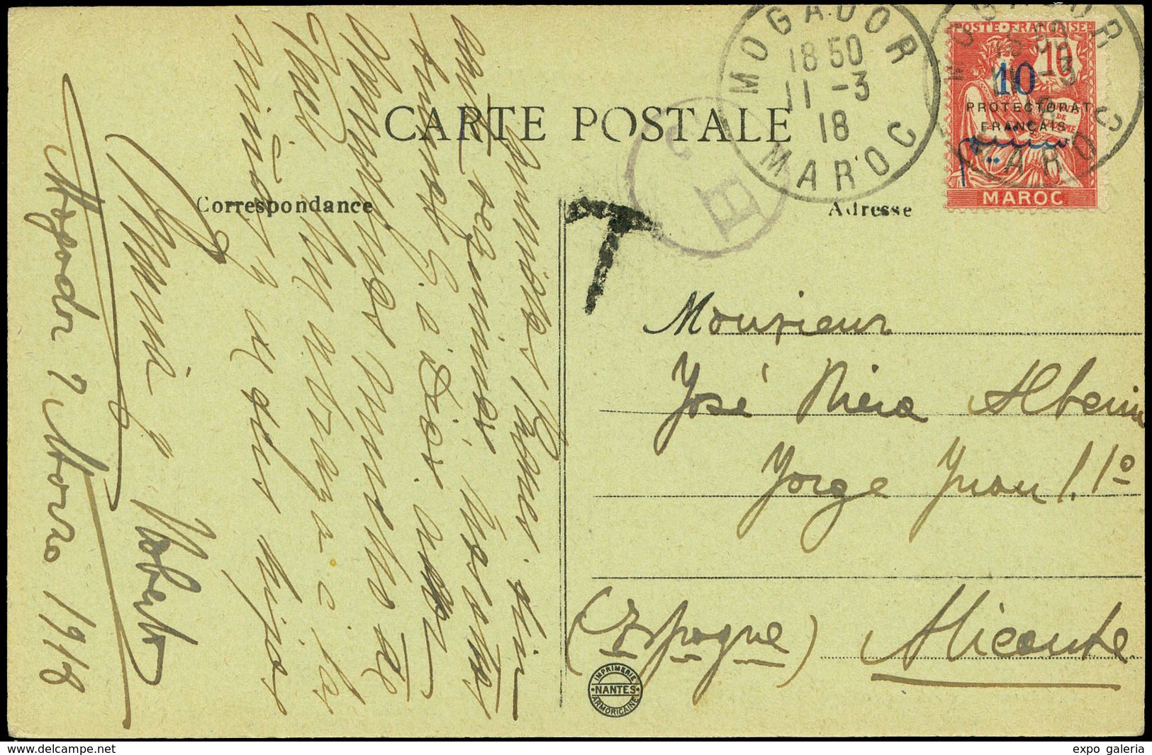 587 T.P. 1918. De Marruecos Francés A Alicante. Marca “T” A La Llegada. - Lettres & Documents